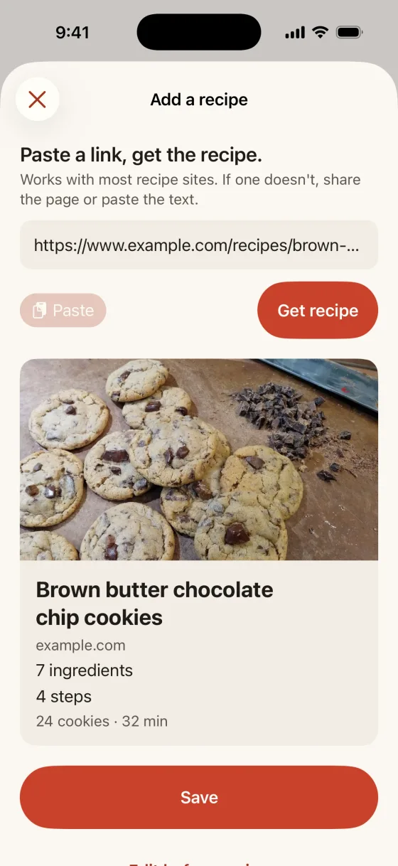 Paste a link, get the recipe. The import preview for a pasted recipe link: the recipe photo, its name, the source website and the number of ingredients, with a Save button.