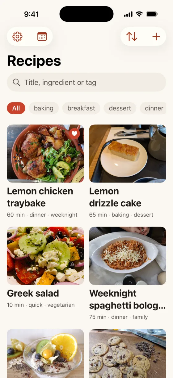 Your recipes stay yours. The library as a grid of recipe cards, each with a photo, title and tags, and the Export row in Settings that saves a zip you can read without the app.